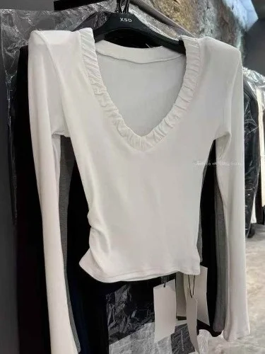 

Облегающая футболка Long Sve V-Ne, женская футболка со складками на талии, осеннее новое поступление, корейская версия Dongda Gate