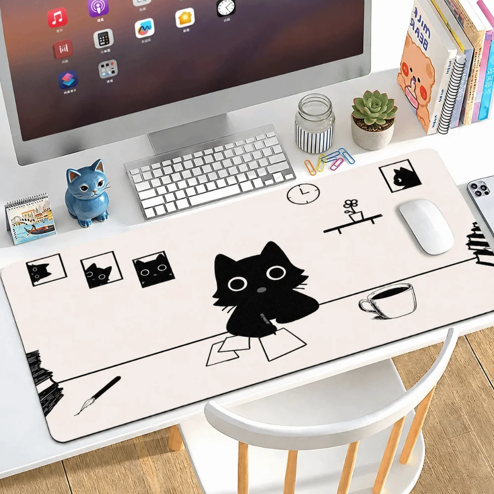 Durable Extra Large Black Cat Mouse Pad Rubber Waterproof Desk Pad Cartoon Non Slip Keyboard Mat for Workspaces