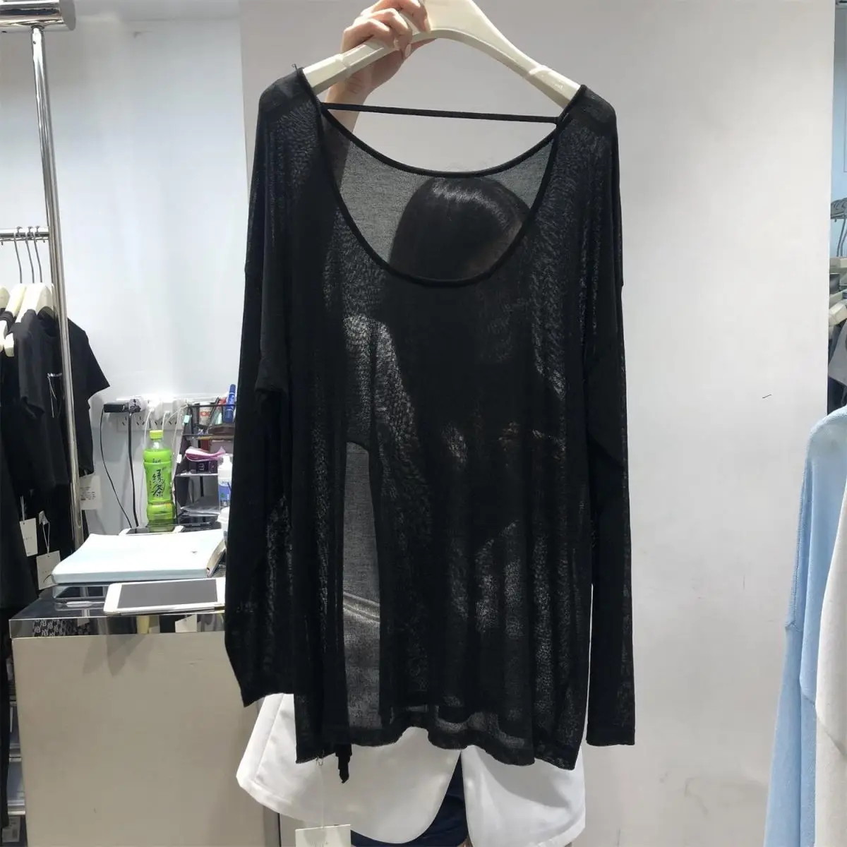 Summer T-shirt Loose Large Size Is Thin Round Neck Open Back Thin Section Slightly Transparent Slit Long-sleeved T-shirt