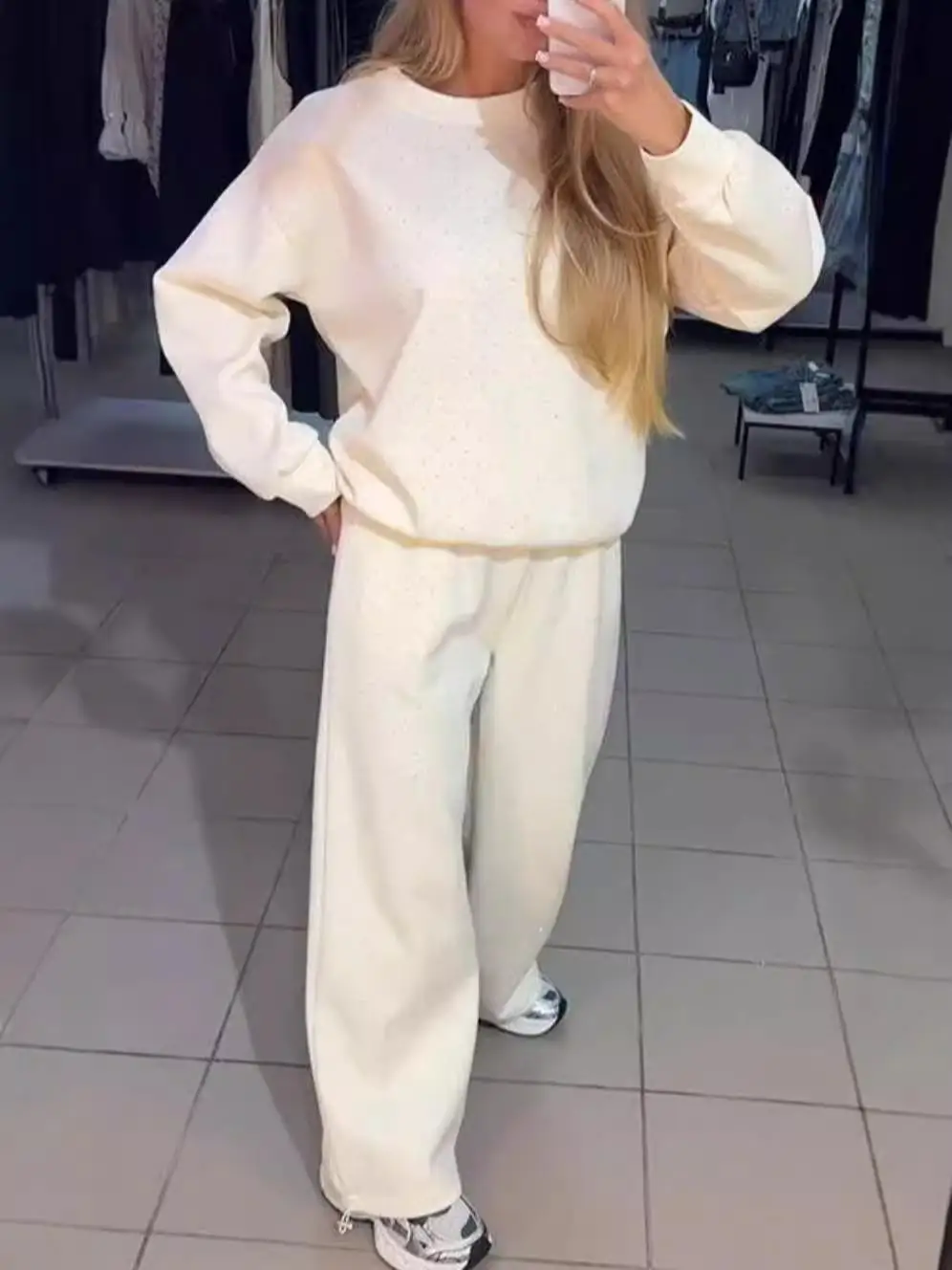 Conjunto Casual de Dos Piezas para Mujer con Diamantes, Camiseta de Manga Larga con Cuello Redondo y Pantalones, Moda Otoño-Invierno, Exclusivo en Línea, Estilo Chino