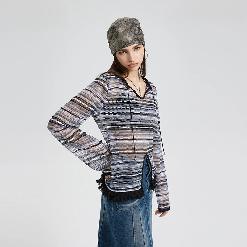 

2026 Spring New Arrival Women'S V Neck Hooded Striped Sheer Knit Top Fringe Trim Casual Stylish Multicolor/Blue-Gray Fashion Top