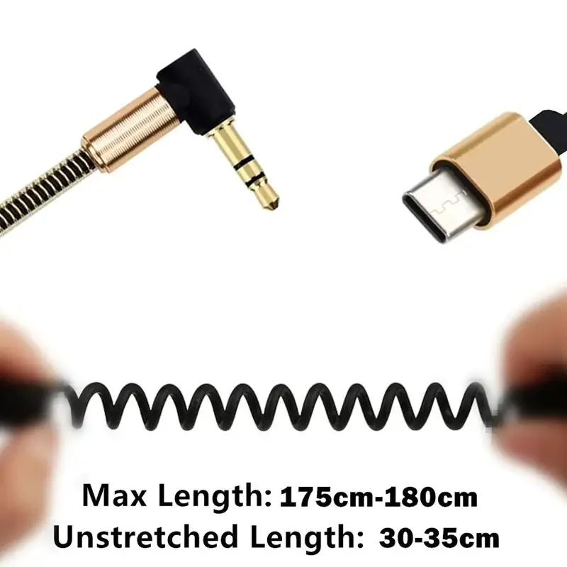 Spring Stretching USB-C Male Smartphone to 90 Degrees 3.5mm Male Extended Earphones Audio Stereo Car Cable 1.8m