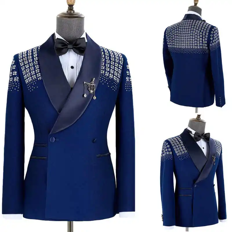 

Luxurious Crystals Men's Suit 2 Pieces Jacket Pants Double Breasted Formal Occasions Evening Party Wedding Groom Wear Customized