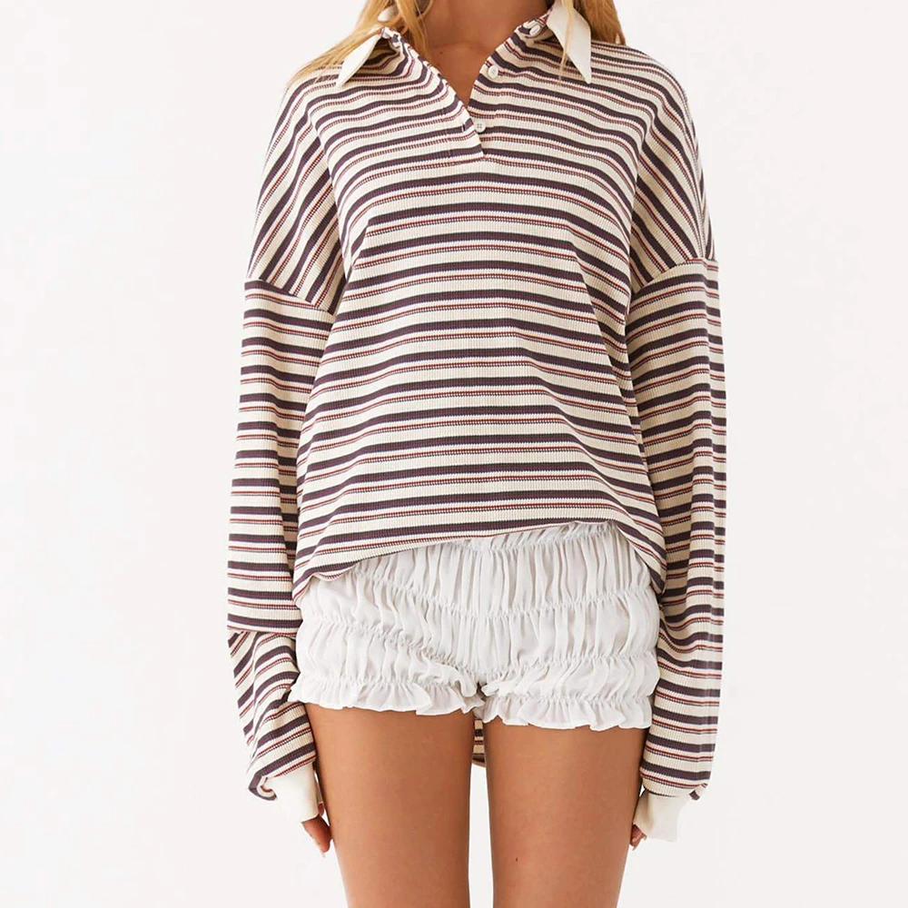 Gestreepte T-shirts Vrouwen Vintage Casual Turn-down Kraag Lange Mouw Losse Truien Vrouwelijke Herfst Chic Straat Shirts Tops Kleding