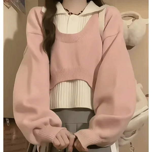 

2025 College Style Blue Polo Collar Sweater for Women Spring and Autumn High Waist Two-Piece Knitted Set Versatile