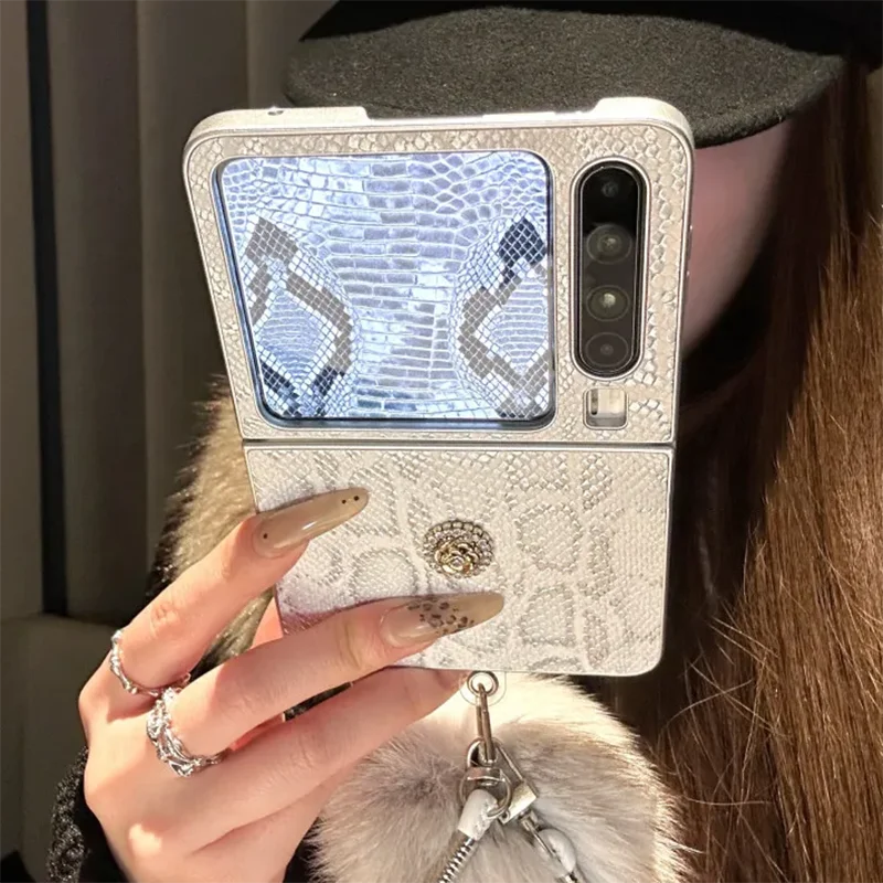 For Xiaomi Mix Flip Case Luxury Snake Print PC Phone Case For Xiaomi Mix Flip 2 with 3D Diamond Flower&Fur Ball Strap