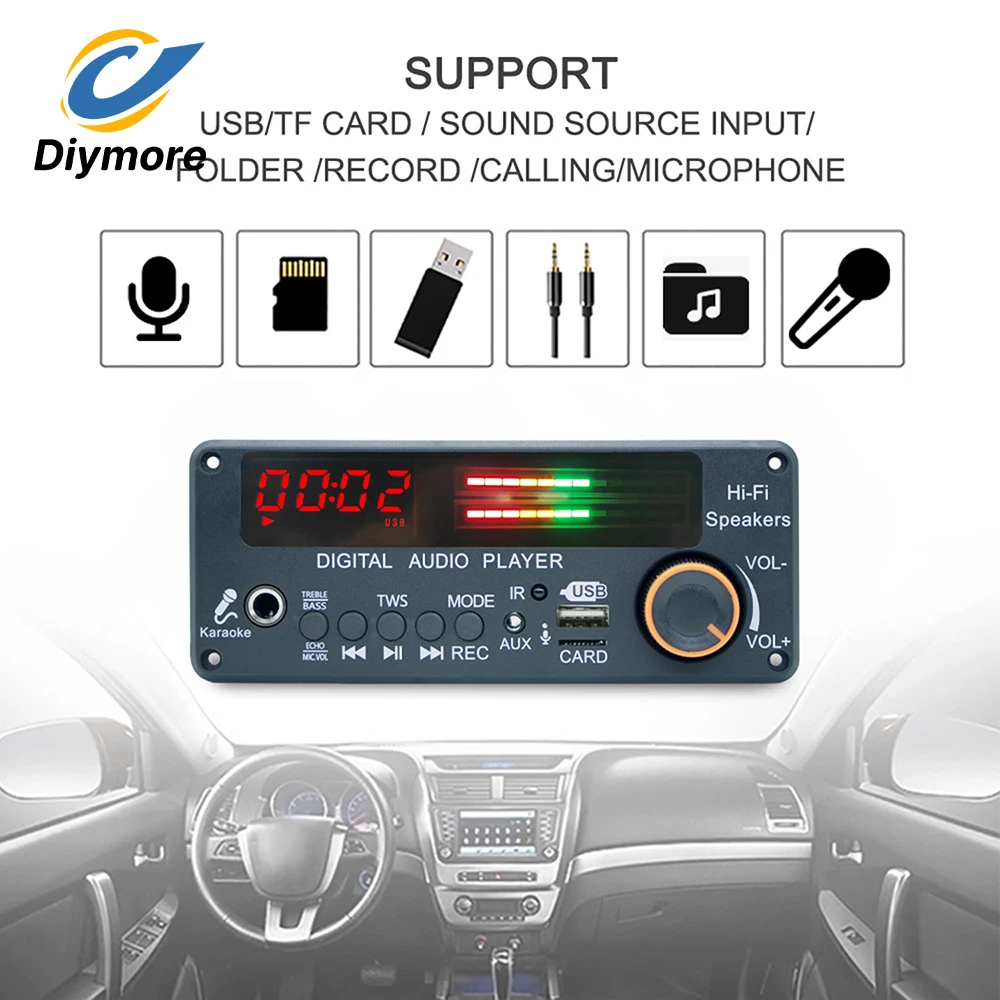 AB5362B Bluetooth 5.3 Audio Decoder Board DC 12V FM 87-108MHz USB TF LINE IN TWSFor Trolley Car Home Speaker Modification