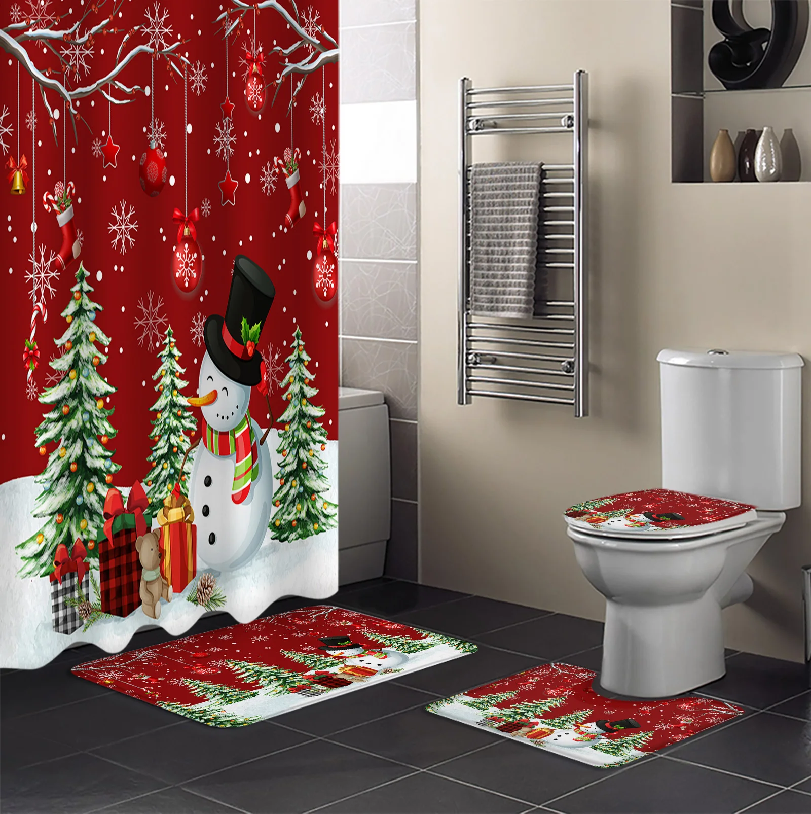 Christmas Snowman Snowflake Shower Curtain Sets Non-Slip Rugs Toilet Lid Cover and Bath Mat Bathroom Curtains Set