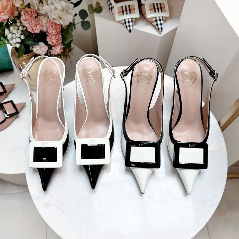 2026 new pointed color blocked square buckle high-heeled sandals with thin heels pointed sandals for women