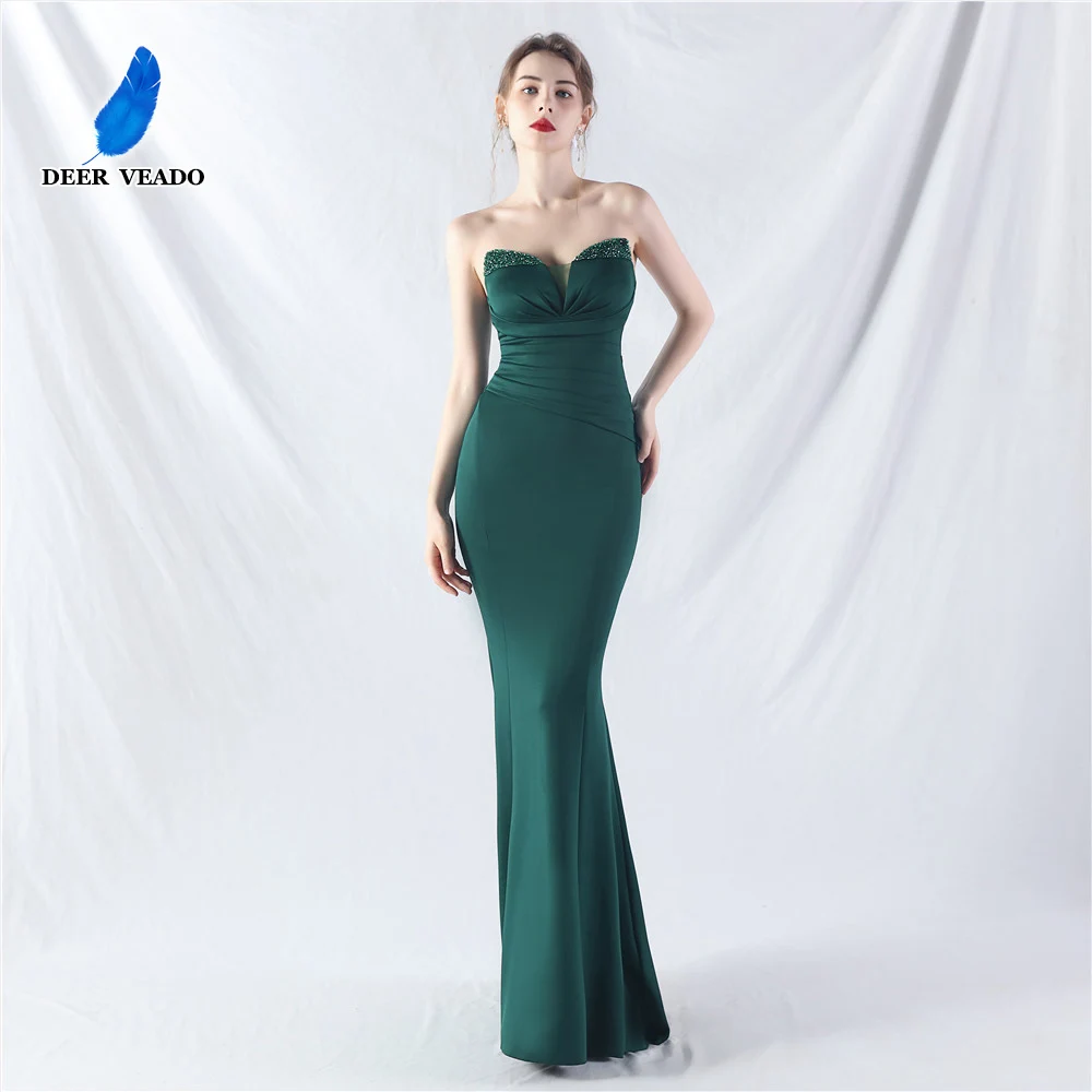 

DEERVEADO Elegant Mermaid V-Neck Soft Satin Evening Dresses for Woman Beading Formal Dress for Special Occasions Party Dresses