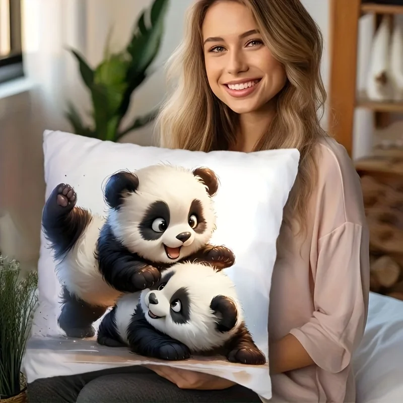 Adorable Panda Bear Hugging Pillow Cover, Zipper Cushion Cover, Machine Washable, Home Decor for Sofa Living Room Office