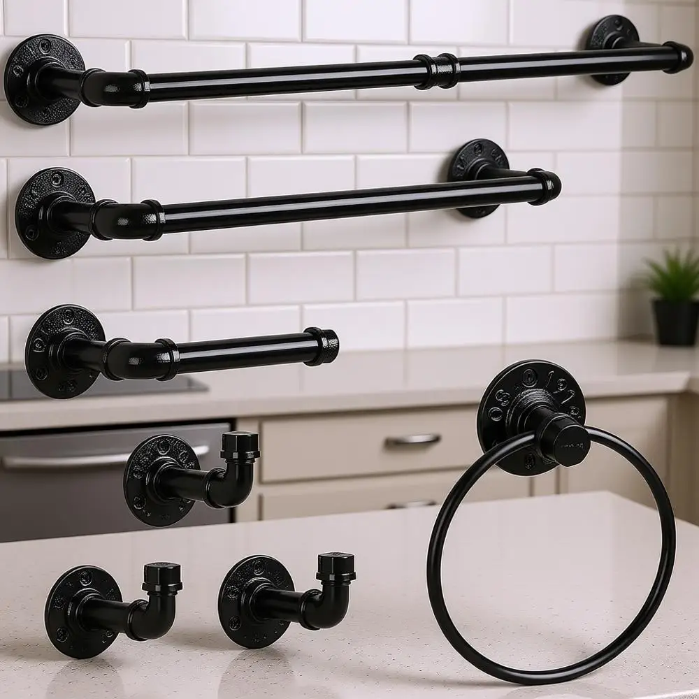 

Industrial Towel Bar Sets with Paper Towel Rack, Hand Towel Holder, Roll Ring, Toilet Paper Holder, and Robe Towel Holder, 7 Pie