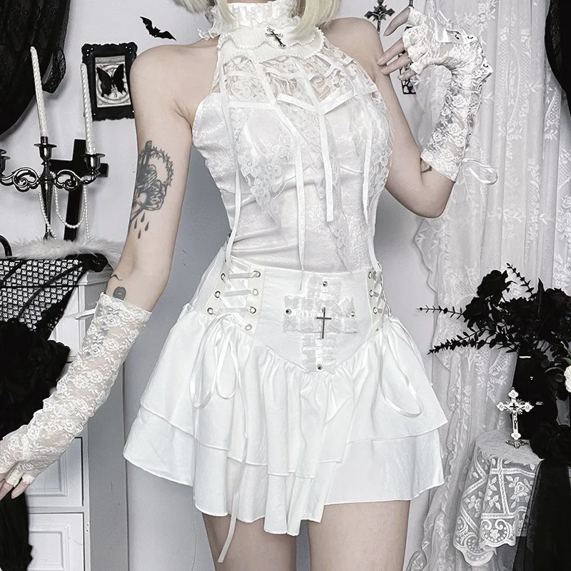กระโปรงพลีทสไตล์พังก์ครอสแพทช์เวิร์ค แนวโกธิค เทคแวร์ กรันจ์ เอสเธติก สำหรับผู้หญิง กระโปรงมินิแบบผูกเชือก เสื้อผ้าแนวอัลท์