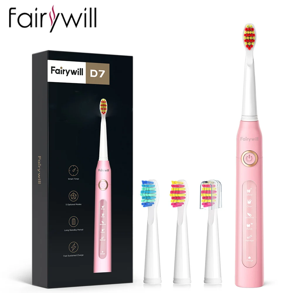 Fairywill elektrische sonische tandenborstel USB Charge FW-507 oplaadbare waterdichte elektronische tandenborstels vervangende koppen volwassene