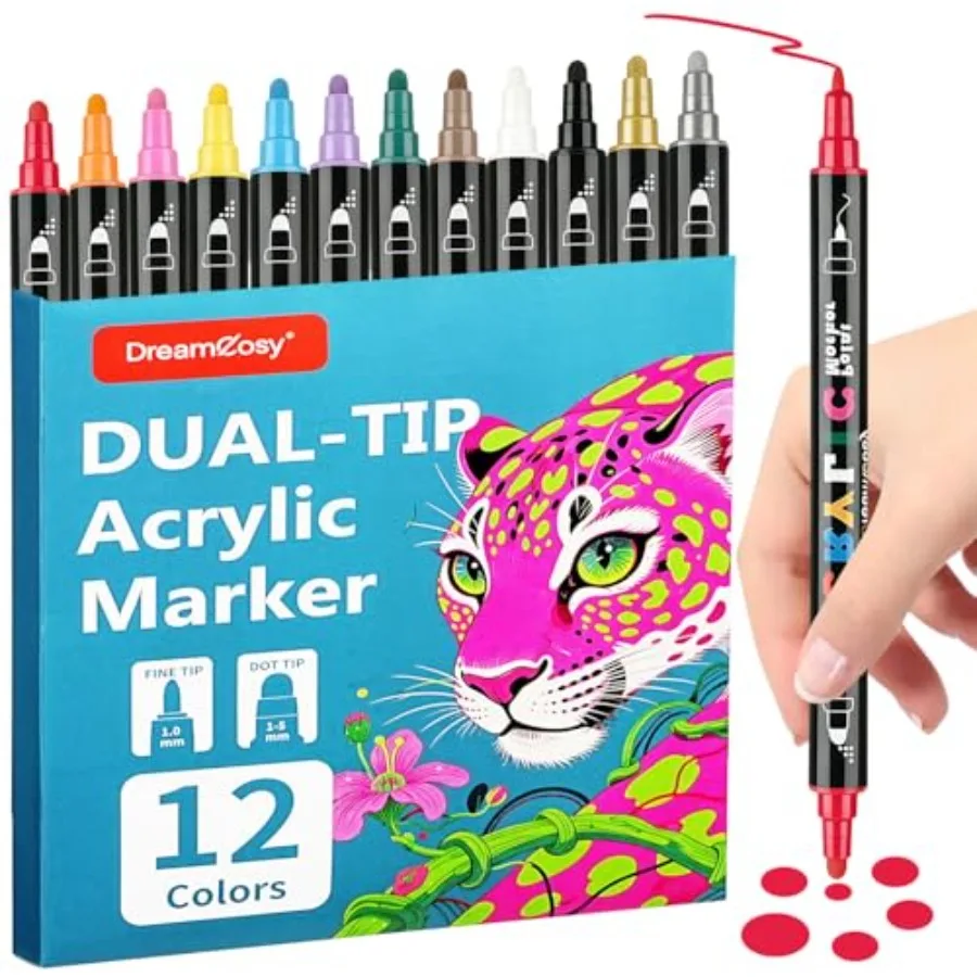 

Acrylic Paint Markers, 12 Pack with 12 Colors Dual Tip Art Markers with Fine Tip and Dot Tip for Rock, Canvas, Wood, Non-Toxic