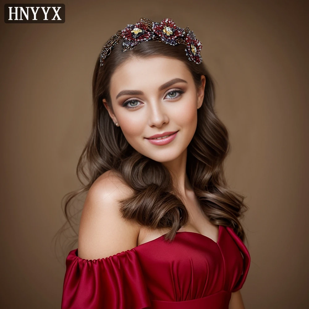 HNYYX Crystal Beaded Flower Headband Red Vintage Headband for Women Festive Decor Hair Accessories Wedding Party Head Piece A62