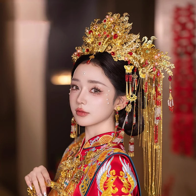 Retro Traditional Wedding Bride Hanfu Costume Headdress Chinese Style Phoenix Luxurious Handmade Hair Crown Accessories