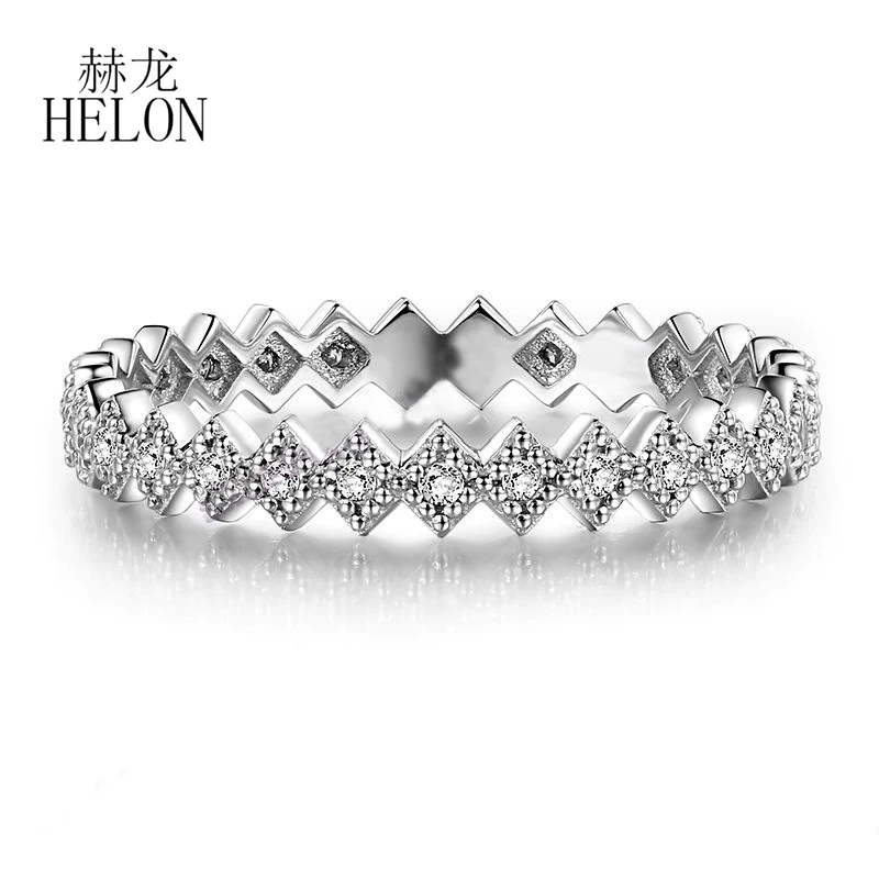 HELON Unique Full Eternity Round Cut Natural Diamonds Wedding Band 14K White Gold Engagement Ring Matching Band for Women Gifts