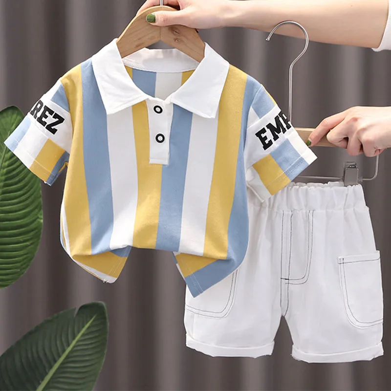 

2Piece Summer Toddler Boy Clothes Korean Fashion Stripe Letter Short Sleeve Baby Tops+White Shorts Kids Boutique Clothing B194