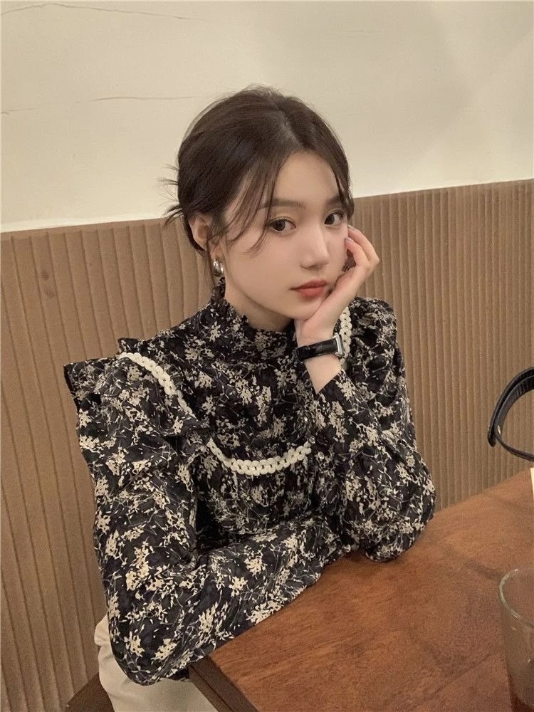 2026 blusa floral vintage feminina estilo francês gola plissado emenda camisa primavera outono casual chique topo