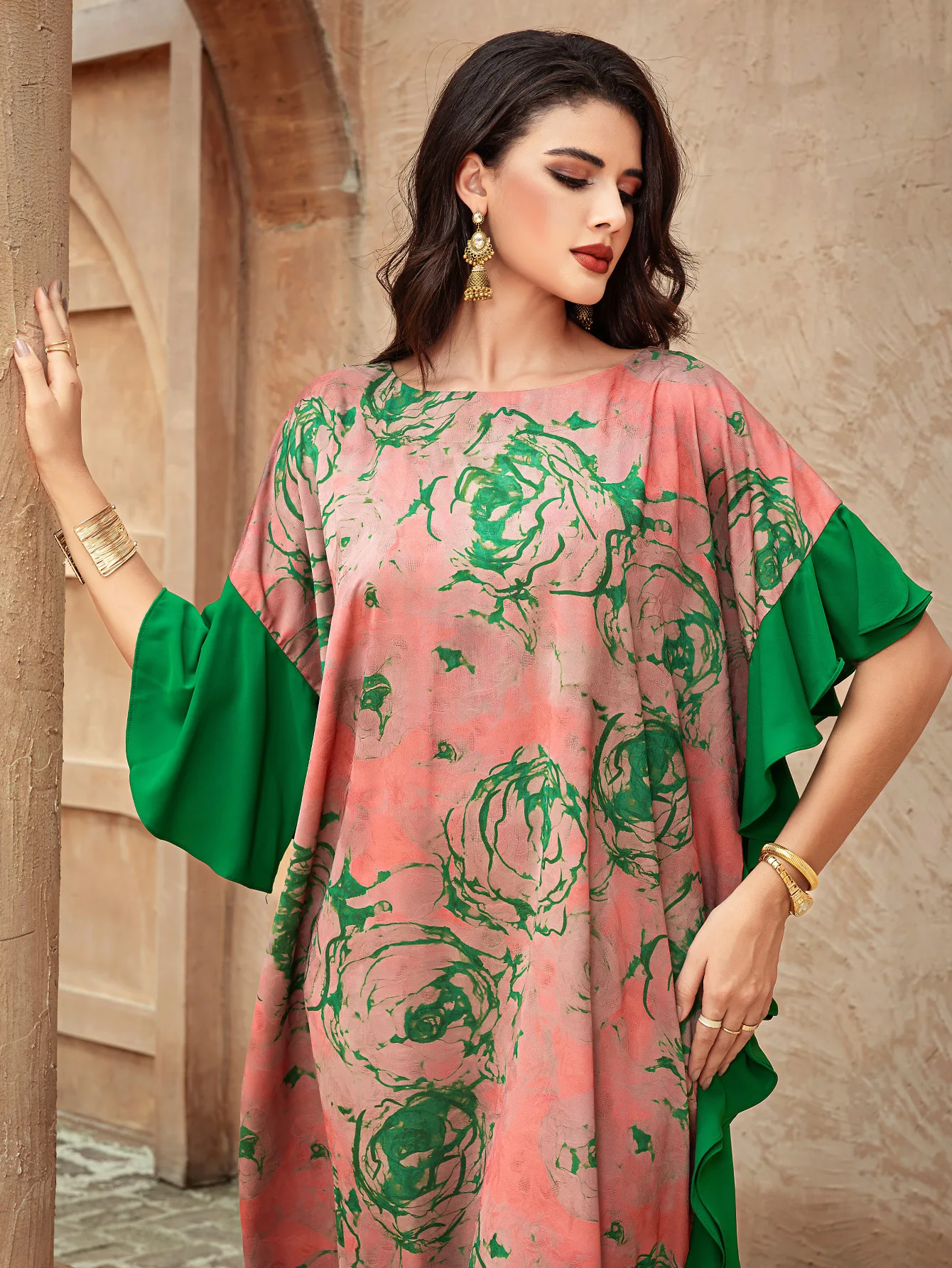 

Ramadan Muslim Women Print Dress Abaya Dubai Kaftan Ruffles Kebaya Caftan Marocain Femme Robe Islam Jalabiya Eid Djellaba Gown