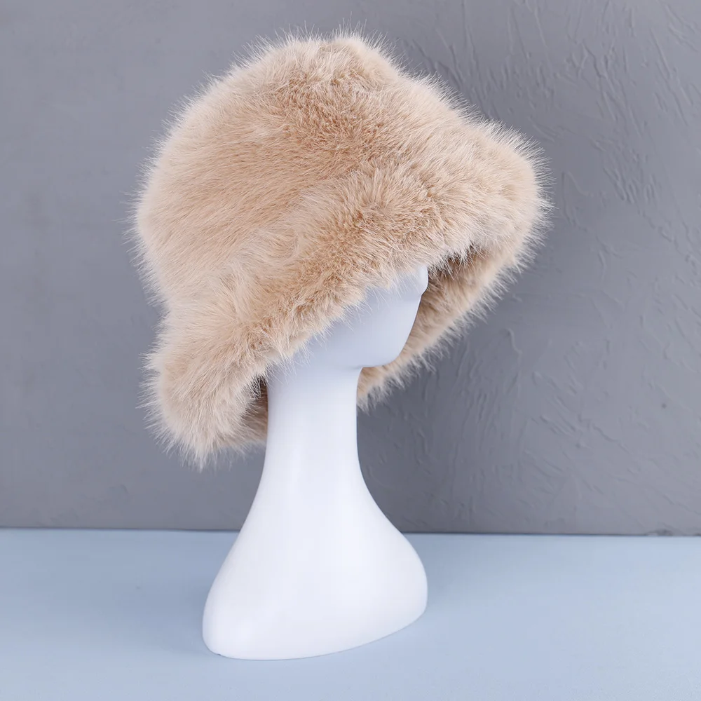 2024 Big Faux Fur Fluffy Bucket Hat for Women Luxury Plush Winter Hat Thicken Snow Oversized Fur Bucket Hat Soft Big Panama Cap