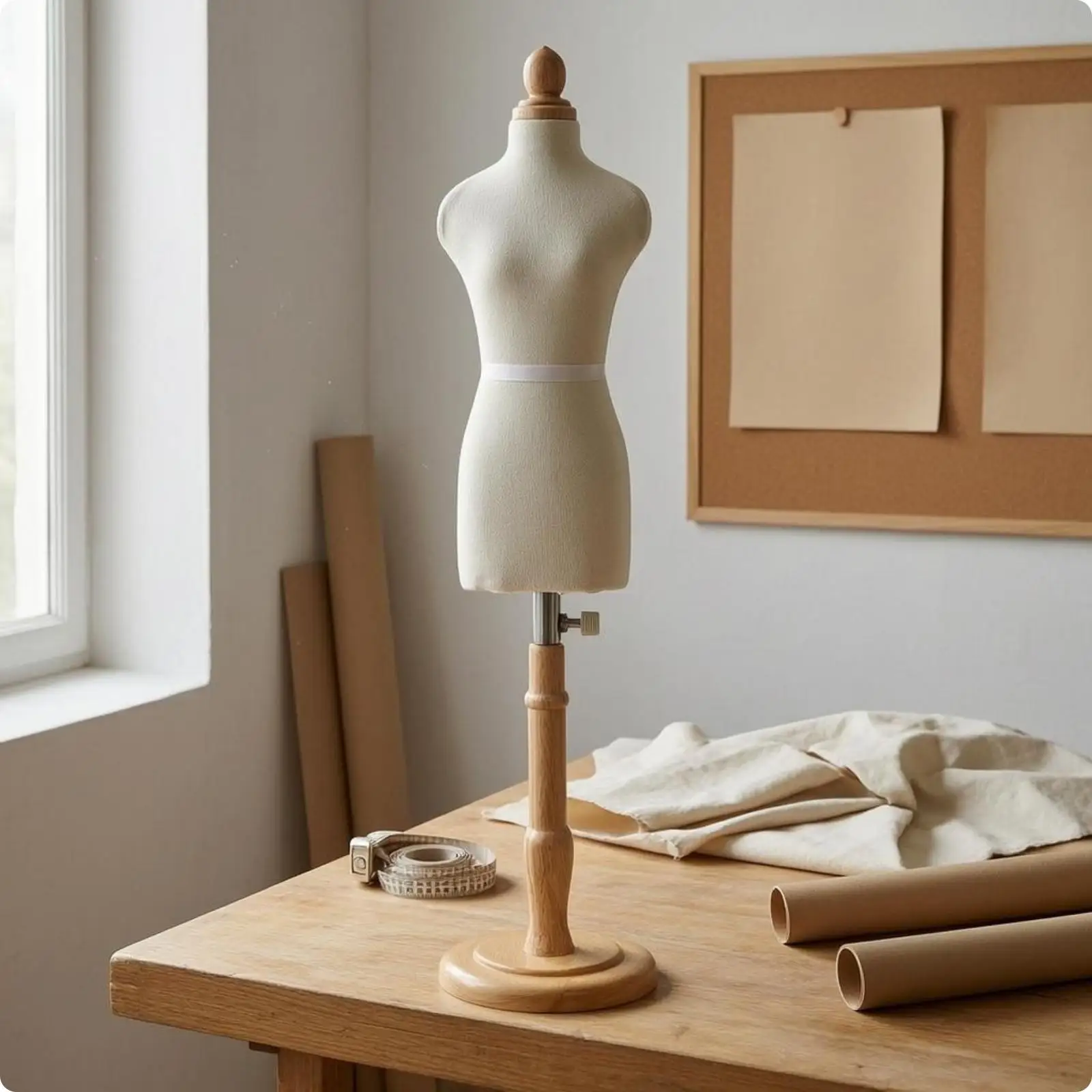 Tabletop Tailoring Mannequin Adjustable Dress Form for Sewing Women Linen Covered Torso Wood Base Display Stand