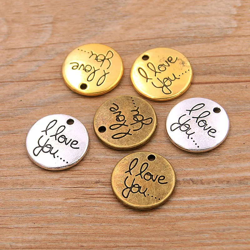 6PCS 20*20mm Metal Alloy 3 Color Round Letter Charms I LOVE YOU Pendants For DIY Necklace Bracelet Jewelry Making Findings