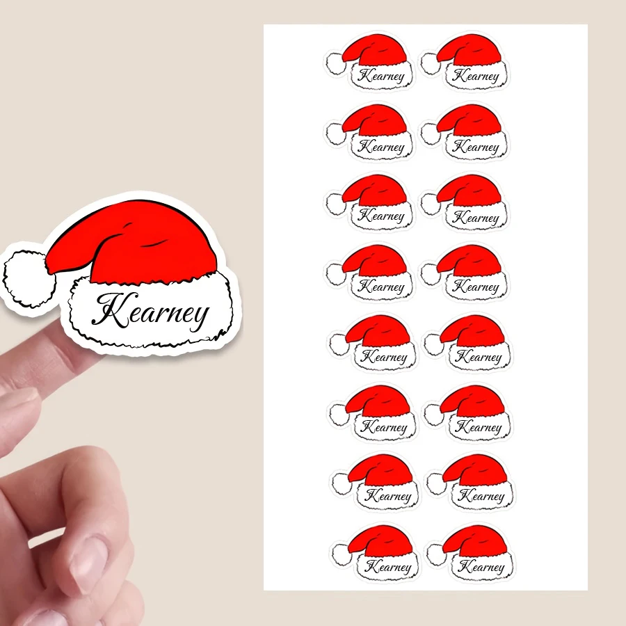 2 Sheets 32pcs Personalized Christmas Name Stickers,Custom Santa Hat Labels,Holiday Gift Tags for Cards,Packaging Decoration