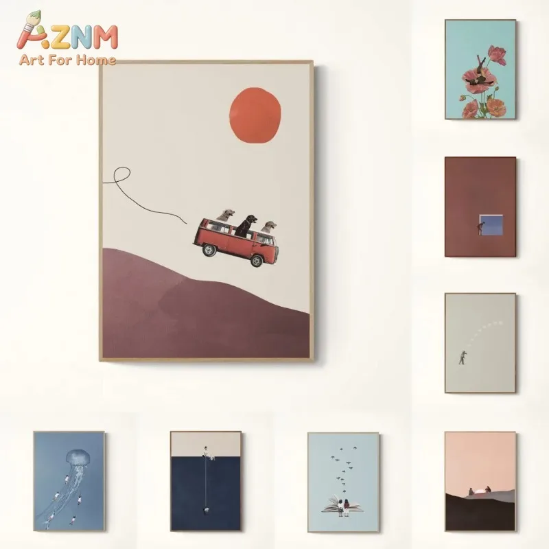 Surreal Collage Gallery Wall Art Set Abstract Creative Wine Cup Travel Bus Jellyfish Illustration CanvasPosterLivingRoom Bedroom