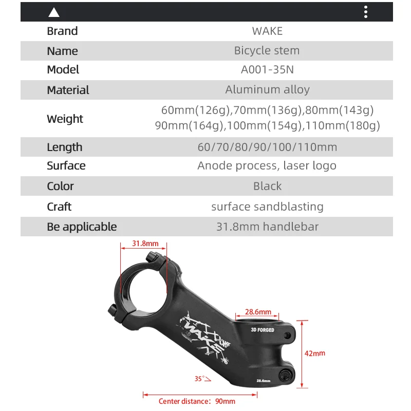 Wake Mountain Bike MTB Handlebar Stem 35 Degree 31.8mm Aluminum Alloy Lightweight for Road Bicycle Accessories BMX Cycling