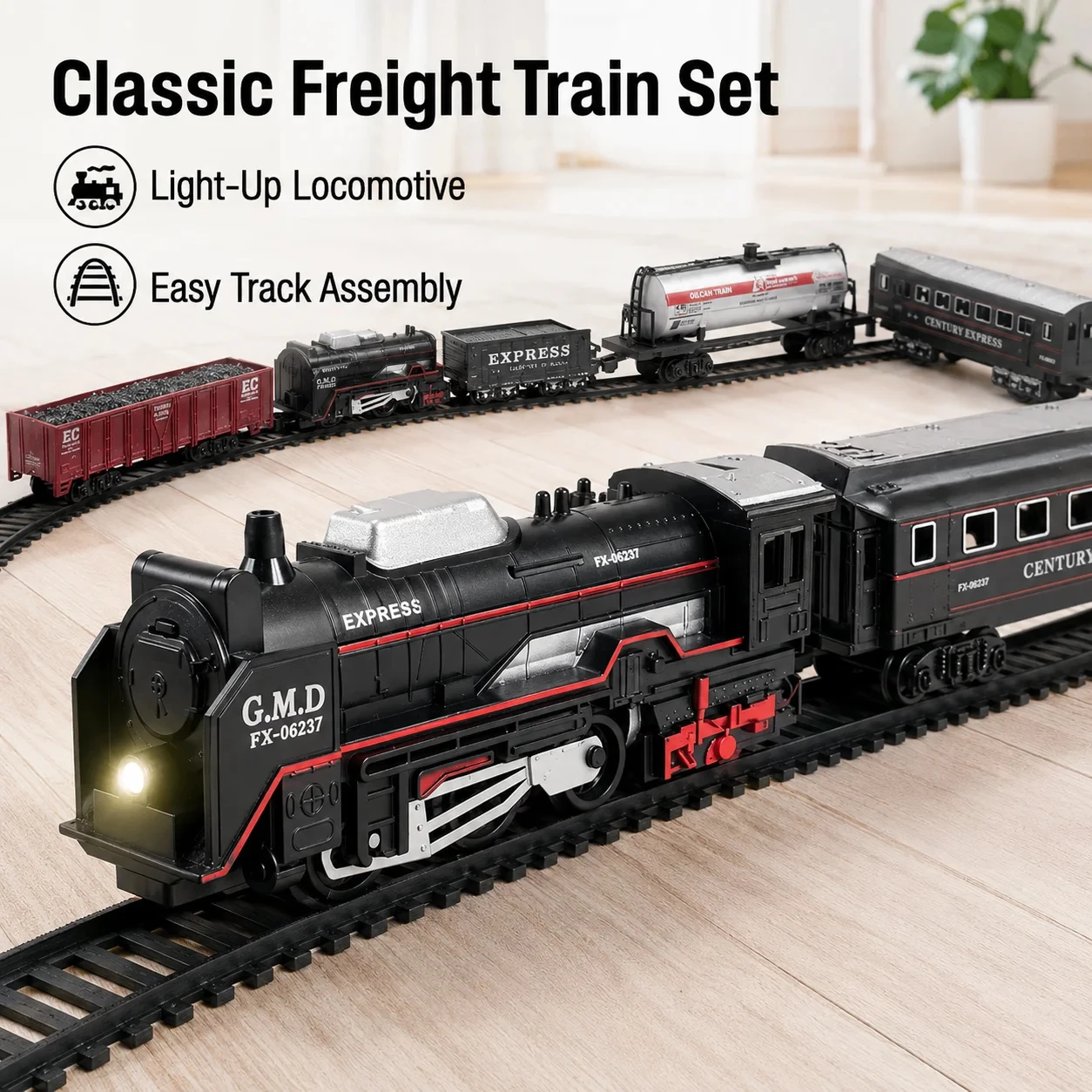

Classic Electric Freight Train Set for Kids with Lighting Interactive STEM Educational Railway Track Model Kids Birthday Gift