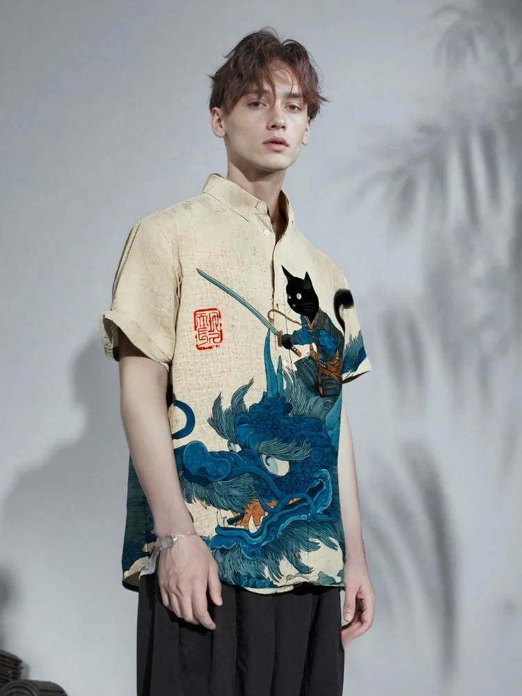 Men's Samurai Cat And Dragon Art Print Casual Shirt Hawaiian Short Sleeve Funny Summer Holiday Shirts Japanese Style Y2K Harajuk