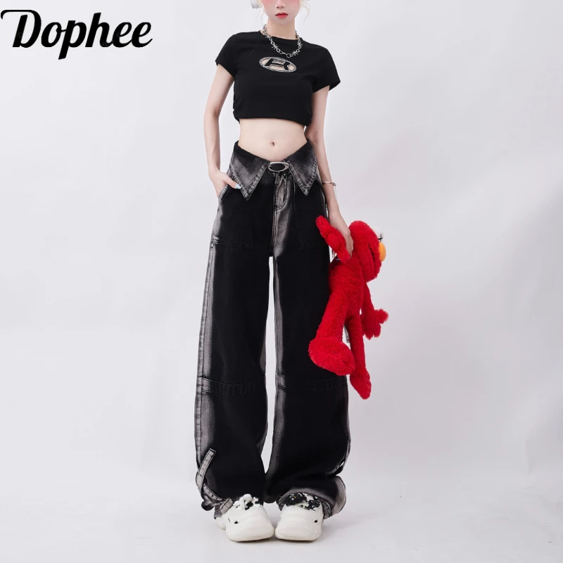 

Dophee Summer Dopamine Women Jeans High Street Colorblock Tie-dye All-match Casual Spice Girls Straight Denim Pants Long Trouser