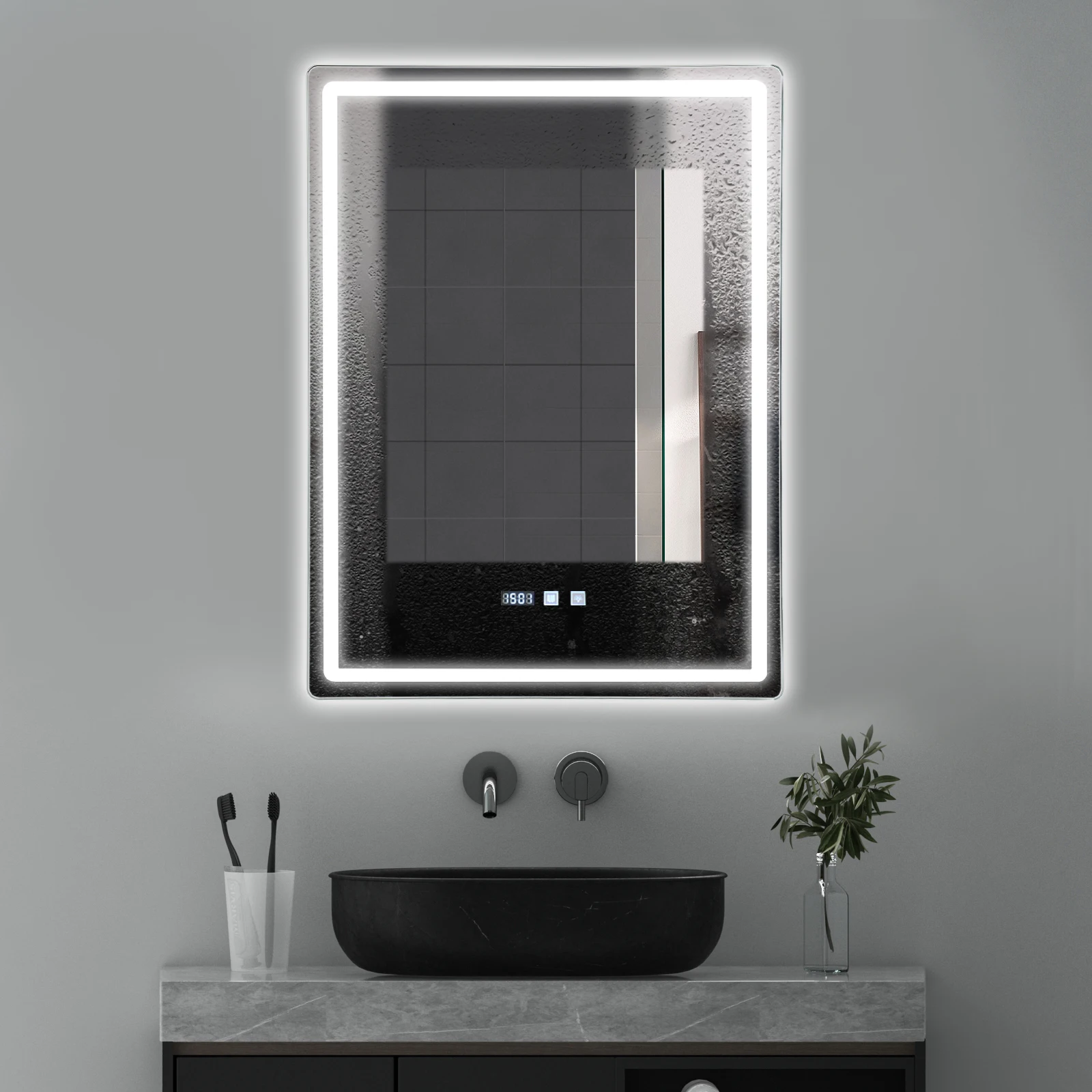 

Glass LED-Bathroom-Mirror-with-Lights,Silver Rectangular Dimmable Anti-Fog Mirror 500*700mm Wall Mount for Bathrooms