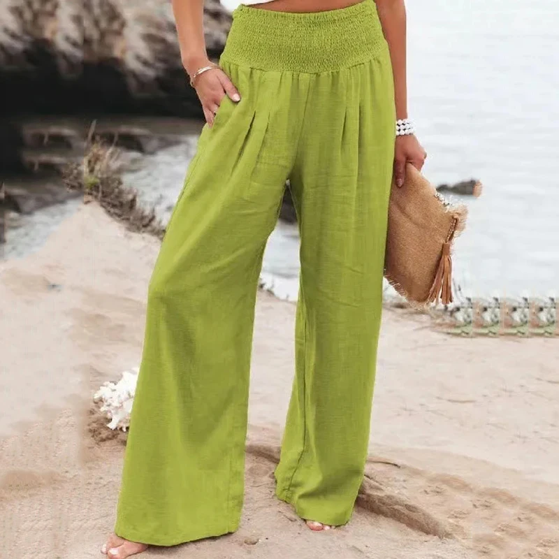 C.NEW S Solid Wide Leg Pants Women Casual Style Loose Office  Long Pants Vintage Cotton And Hemp Comfortable Mid Waist Trousers