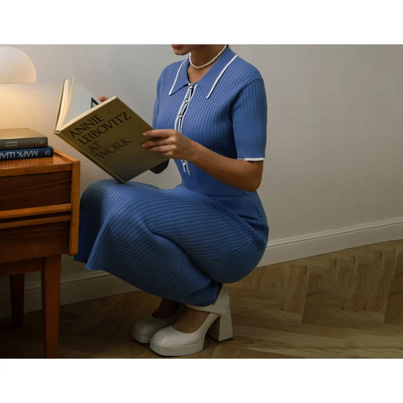 2025秋冬 レディース セーター エレガント カラーブロック 襟付きワンピース 半袖 ラッフルウエスト スリムフィット リブ編み マキシワンピース