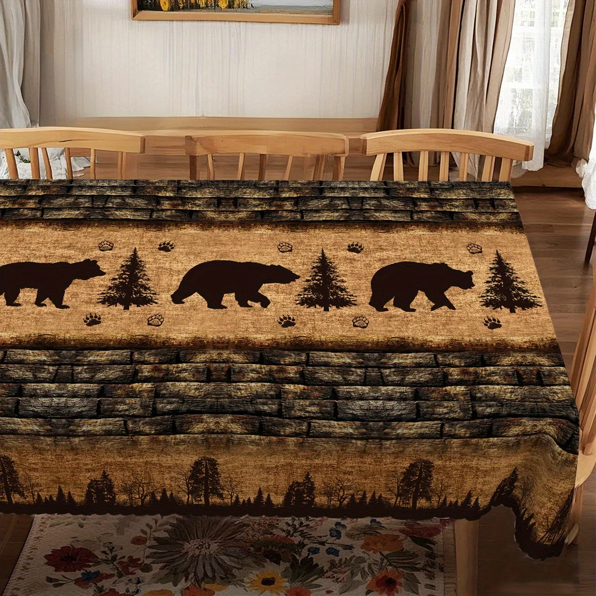 One simple bear and pine tree tablecloth with stone and brick background, made of polyester in round and rectangular shapes. - view 2