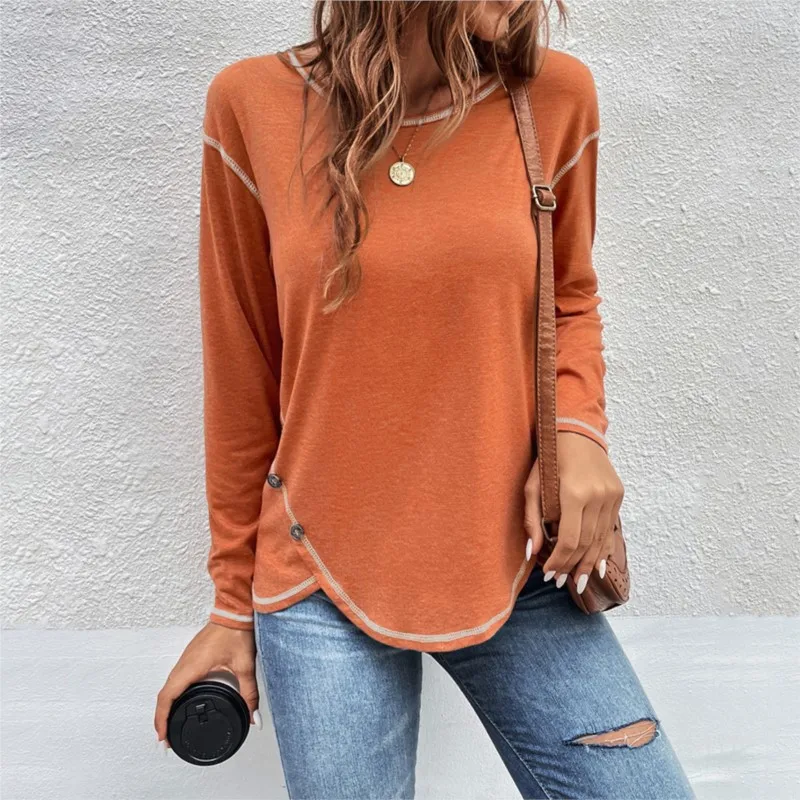 Autumn And Winter New Women\'s Button Irregular Long Sleeved T-shirt Solid Color Round Neck Loose Fitting Pullover  Woman Tops