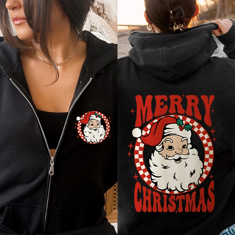 

Merry Christmas Santa Zip Hoodies for Women Retro Christmas Santa Claus Zip Up Hoodies Christmas Vibes Happy New Year Zip Coats