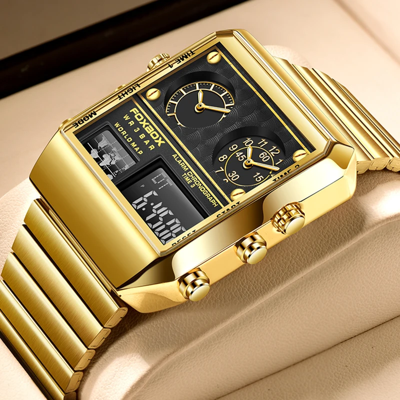 FOXBOX New Multiple Time Zone Square Watch for Men Gold Stainless Steel LED Men's Electronic Wristwatches Waterproof Chronograph