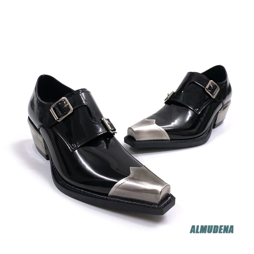 Street Men's Patent Leather Monk Shoes Metal Square Toe Double Buckle Design Mid Block Heel Trendy Versatile Daily Dress Shoes
