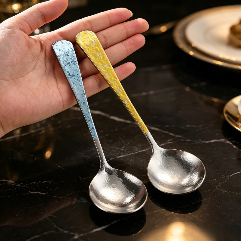 Titanium Ice‑Flower Spoon Color Round Head Soup Spoon Tableware for Home Dining Student Portable Cutlery Spoons