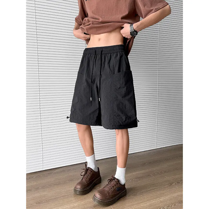 Celana Pendek Kargo Cepat Kering Pria dengan Pinggang Elastis & Tali Serut Longgar Warna Solid Saku Besar Pakaian Kerja Celana Pendek Kasual M-5XL