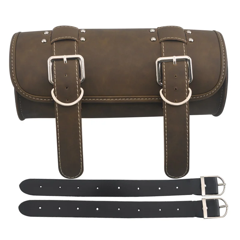 

Brown Luggage PU Leather Roll Side Tool Bag For Harley Chopper Bobber custom WT