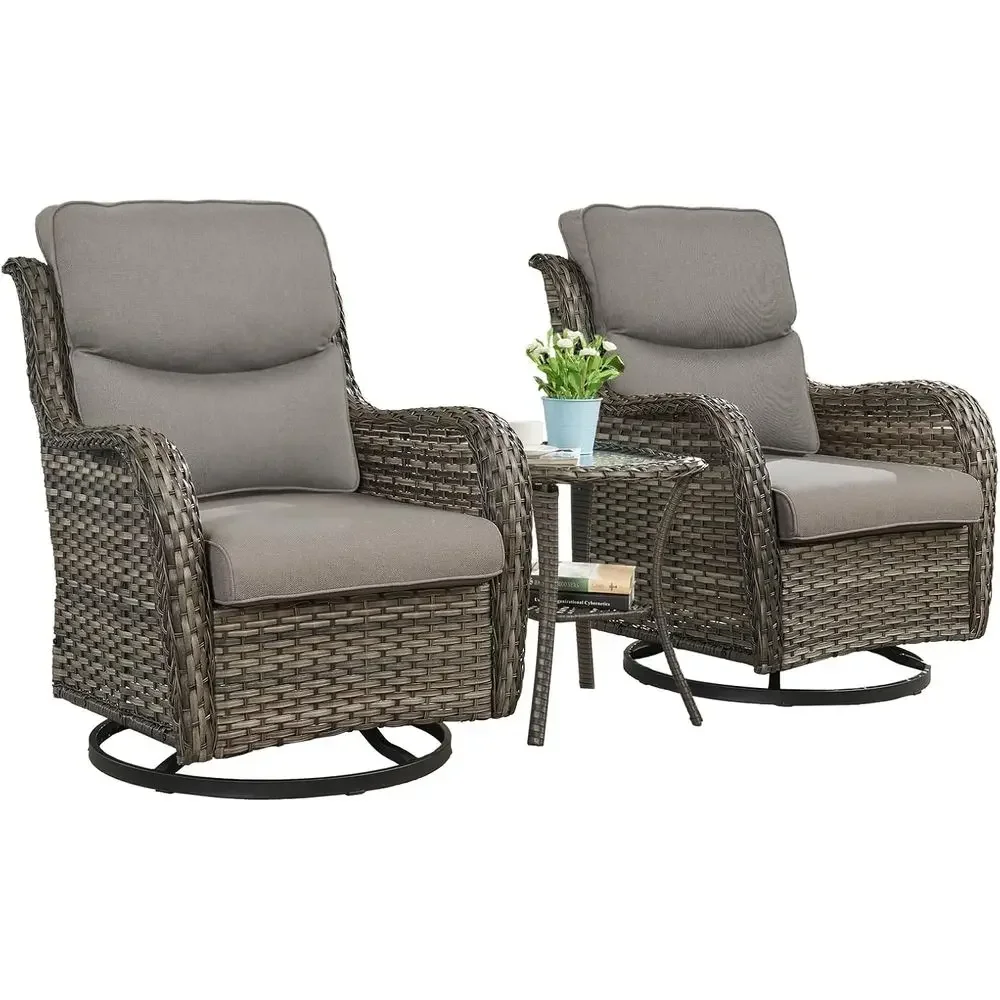 3-Piece Swivel Rocking Patio Furniture Set with Rattan Rocking Chairs and Glass Top Side Table in Mixed Grey Tones