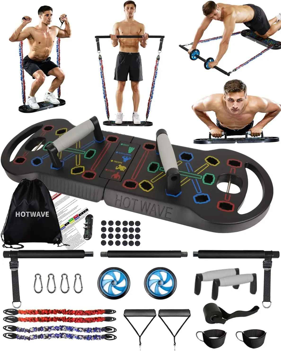 Hotwave Portable Exercise Equipment With 16 Gym Accessories.20 In 1 Push Up Board Fitness,Resistance Bands With Ab Roller