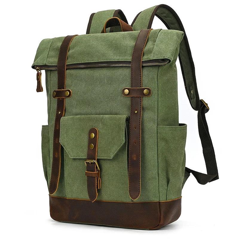 High Quality Leather Canvas Backpack Crazy Horse Leather Backpack For Mens Big Capacity Travel Bag Laptop Backpacks Army Green