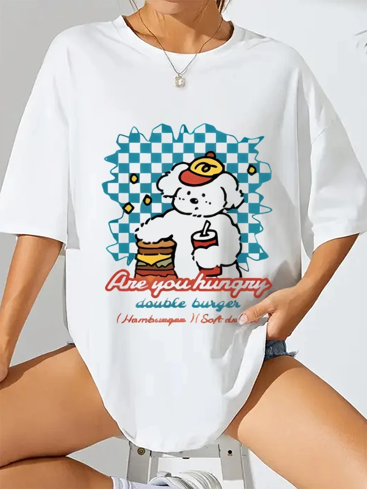 Camiseta feminina elegante de algodão, verão, vintage, você está fome, cachorro, hambúrguer, estampa, leve, confortável, estilo único, casual, roupa diária
