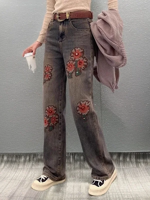 

Retro Embroidered Casual Loose Wide Leg Pants Women's Jeans High Waist Straight Cut Spring Faion New Sle Adult High Elast...